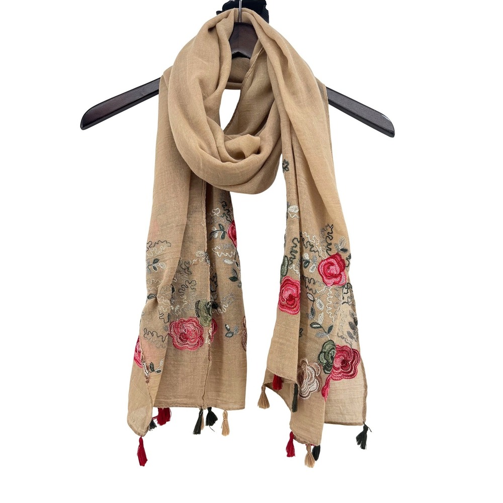 Tan Floral Embroidered Tassel Scarf Cotton Blend Rectangle Wrap Shawl